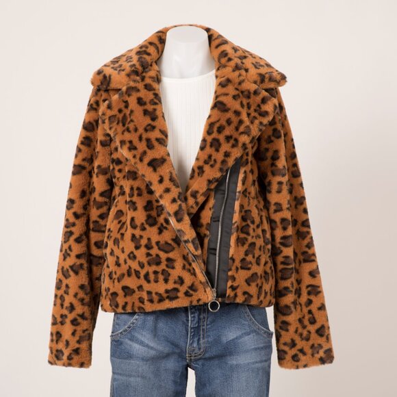 Brave Soul Leopard Faux Fur Asymmetric Zip Jacket - Picture 2 of 4